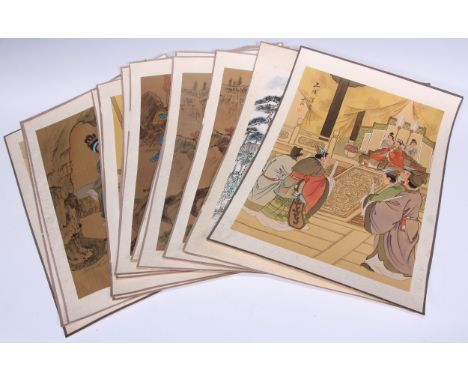 A collection of eighteen Chinese watercolours, painted with court and further figural tableaux, others with flowers and birds