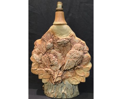 Studio Pottery - a Bernard Rooke table lamp, decorated in relief with owls in a tree, signed, 42cm high over fitting 