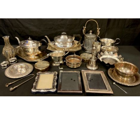Silver Plated Ware - an E.P.N.S three piece tea service; dishes; preserve jar; photograph frames; etc 