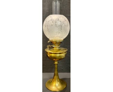 An early 20th century Art Nouveau brass oil lamp, Hinks No.2 Lever, frosted glass globular shade, 63cm over chimney 