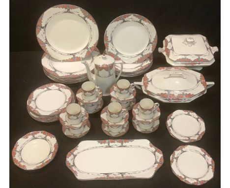 A Crown Ducal Orange Tree pattern vegetable dish and cover, another rectangular, assorted size plates, coffee pot and cover, 
