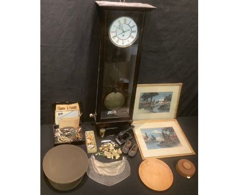 A 19th century mahogany wall clock; a British Army cap; a pair of early 20th century child's leather shoes; a Japanese lacque