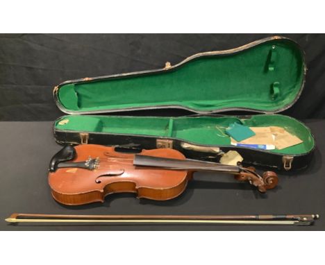 A violin, the two-piece back 36cm long excluding button, cased, the bow apparently unsigned, 74.5cm long 