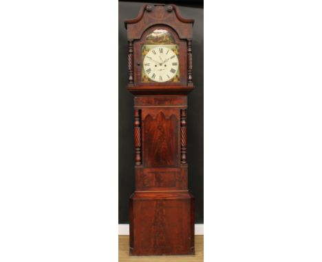 A 19th century mahogany longcase clock, 35.5cm arched painted dial inscribed J. Shey &amp; Co, Scarbro, Roman numerals, subsi