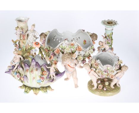 A GROUP OF DRESDEN FLORAL-ENCRUSTED PORCELAIN, in the manner of Sitzendorf, comprising a candlestick, vase, two bowls on stan