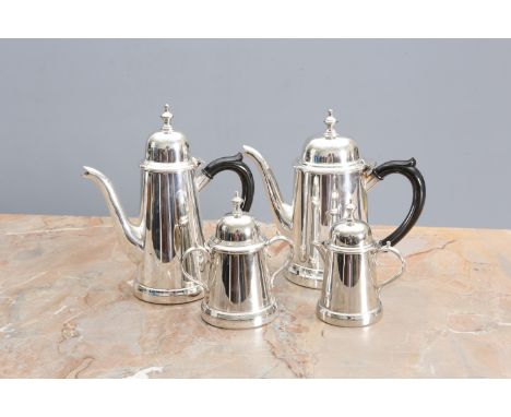 A FOUR PIECE SILVER PLATED TEA AND COFFEE SERVICE IN EARLY 18th CENTURY STYLE, 20th Century, each piece of tapering cylindric