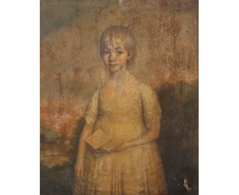 ENGLISH SCHOOL, PORTRAIT OF A GIRL HOLDING A BOOK, CIRCA 1800-1810, oil on canvas, in a birds eye maple frame. 74cm by 62cm