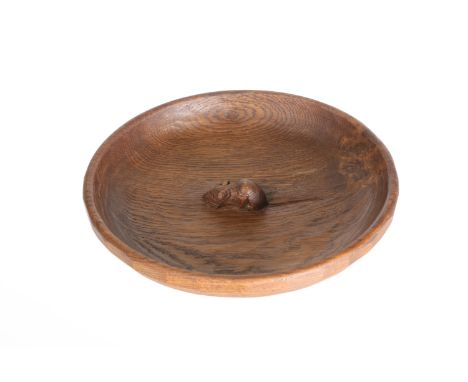 ROBERT THOMPSON OF KILBURNA MOUSEMAN OAK FRUIT BOWL, the circular shallow bowl adzed inside and out, with carved mouse signat