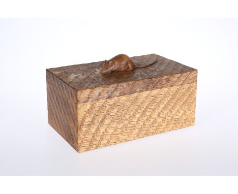 ROBERT THOMPSON OF KILBURNA MOUSEMAN TIGER STRIPE OAK TRINKET BOX, CIRCA 1970-80, rectangular with lift-off lid, densely adze