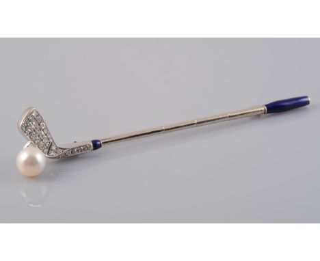 A DIAMOND AND CULTURED PEARL BROOCH, modelled as a golf club, the golf club head set throughout with graduating brilliant cut