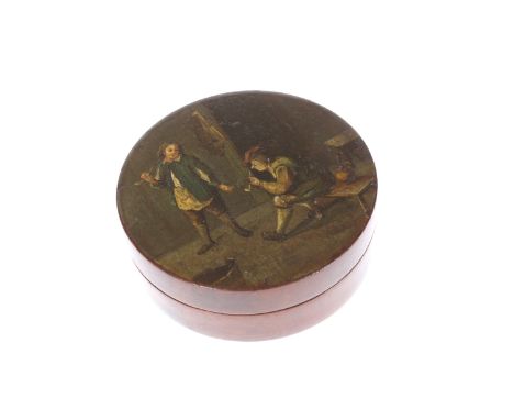 A FINELY PAINTED ROSEWOOD SNUFF BOX, EARLY 19TH CENTURY, circular, the cover painted with two men smoking pipes in a tavern. 