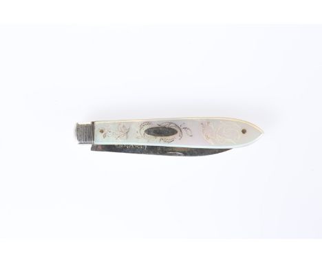 A VICTORIAN SILVER AND MOTHER-OF-PEARL FRUIT KNIFE, Sheffield 1842, the handle engraved with a pheasant and foliage. Length 8