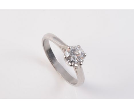 A PLATINUM AND DIAMOND RING, the single brilliant cut diamond six claw set in a simple pierced mount between pierced tapering