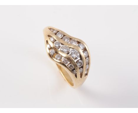 A DIAMOND SET RING, the three curved strand design mount set throughout with graduating suspension set brilliant cut diamonds