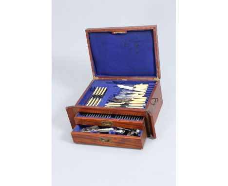 A MAHOGANY CASED CANTEEN OF SILVER-PLATED FLATWARE, LATE 19TH CENTURY, the case with hinged lid and two fitted drawers, the W