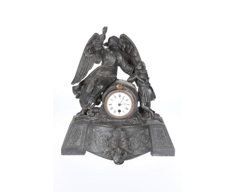 A VICTORIAN SPELTER MANTEL CLOCK, the case with the cast figures of an angel and child, single train movement, the white enam