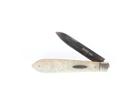 AN EDWARDIAN SILVER AND MOTHER-OF-PEARL FRUIT KNIFE, Sheffield 1906, the handle engraved with a butterfly and foliage. Length