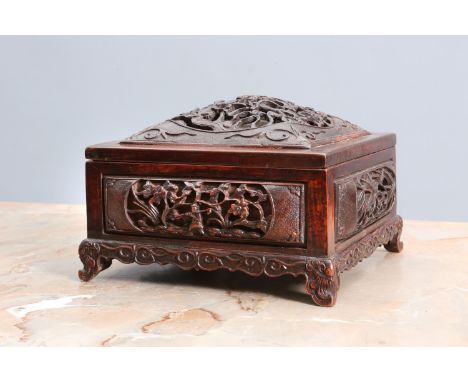 A CHINESE CARVED HARDWOOD TABLE CASKET, 19th CENTURY, square, the cover pierced and carved in relief with a dragon and fish a
