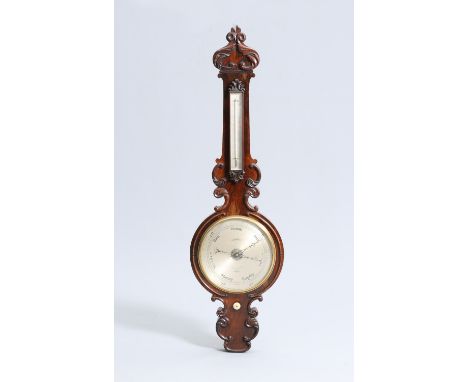 A MID 19TH CENTURY ROSEWOOD WHEEL BAROMETER, SIGNED L. CASELLA, LONDON, the case with scroll carved mouldings, the 10-inch si