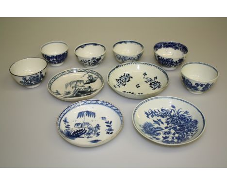 A COLLECTION OF ENGLISH 18TH CENTURY PORCELAIN TEA BOWLS AND SAUCERS, including Worcester, Caughley and Liverpool. (10)