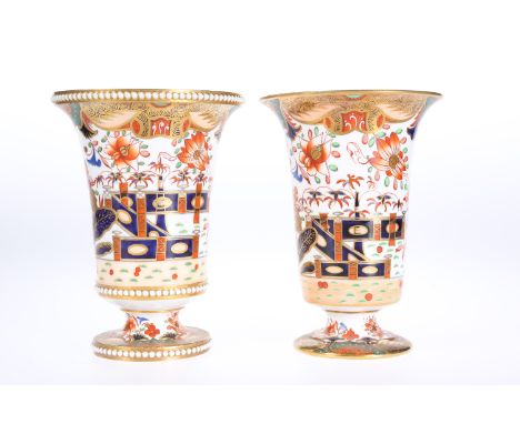 TWO EARLY 19TH CENTURY SPODE TRUMPET SHAPED VASES, each decorated in an Imari palette to pattern no. 967, one with iron red S