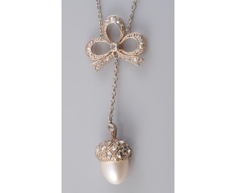 AN EDWARDIAN DIAMOND AND PEARL PENDANT, the single pearl set beneath an old cut diamond set cap in the shape of an acorn, sus