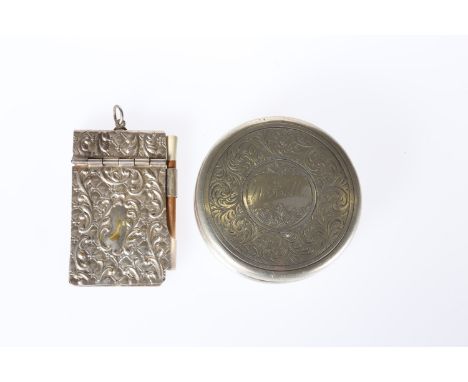 A 19th CENTURY PEWTER BOX, circular, engraved with scrolls, the cover named for W. Hollis; together with a silver-plated aide