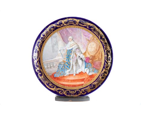 A LARGE SEVRES TYPE PORCELAIN PLAQUE, 19TH CENTURY, signed M. Rochette, painted with a portrait of Louis XV in Coronation rob