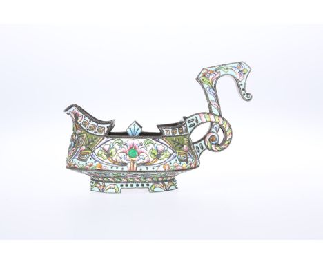 A RUSSIAN SILVER AND ENAMEL KOVSH, Moscow second Kokoshnik mark (1908-1926), polychrome enamel decorated with stylised foliag