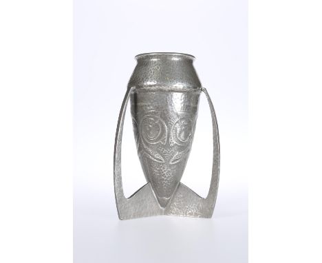 A LIBERTY &amp; CO TUDRIC PEWTER BOMB SHAPED VASE, DESIGNED BY ARCHIBALD KNOX, the hammered body with three handles conjoinin