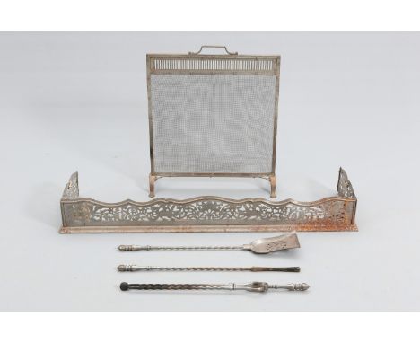 A COLLECTION OF FIRE ACCESSORIES, comprising a 19th Century pierced steel fender, engraved with dragons, phoenix and foliage,