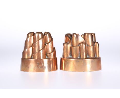 TWO VICTORIAN COPPER JELLY MOULDS, the first stamped B &amp; S 44 and 202, diameter 12.5cm; the second stamped 365, diameter 