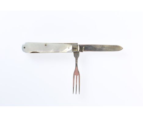 AN EDWARDIAN SILVER AND MOTHER-OF-PEARL FRUIT KNIFE AND FORK, DEAKIN &amp; SONS, SHEFFIELD 1901. Length 8cm