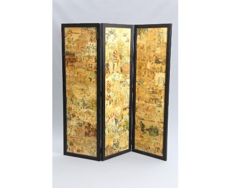 A VICTORIAN THREE PANEL SCRAP SCREEN, print subjects include cattle, hunting, coaching, shipping and family life. 183cm high,