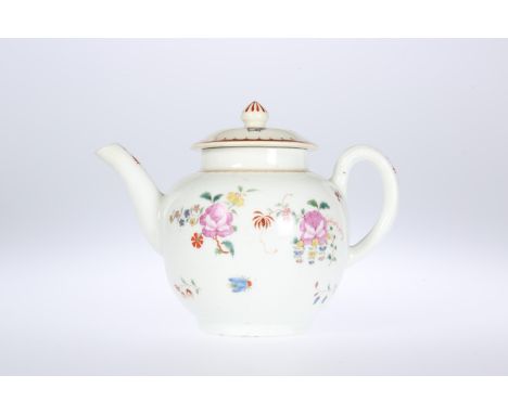 A WORCESTER PORCELAIN TEAPOT, CIRCA 1765-70, of globular form, brightly painted with a moth, ladybird, insect and scattered f