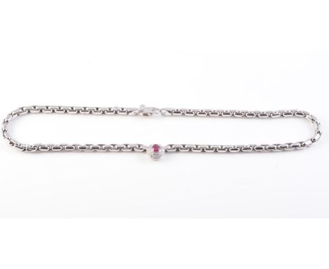 AN 18CT WHITE GOLD, RUBY AND DIAMOND NECKLACE, the single round mixed cut collet set ruby set to the centre of a dome circula