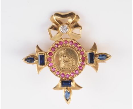 AN 18CT YELLOW GOLD, RUBY, SAPPHIRE AND DIAMOND BRITANNIA BROOCH, the circular mount engraved to the centre with Britannia wi