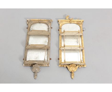 A PAIR OF 19TH CENTURY GILT GESSO WALL HANGING SHELVES, with mirror backs, each shelf with beaded front, (a/f). 102cm high