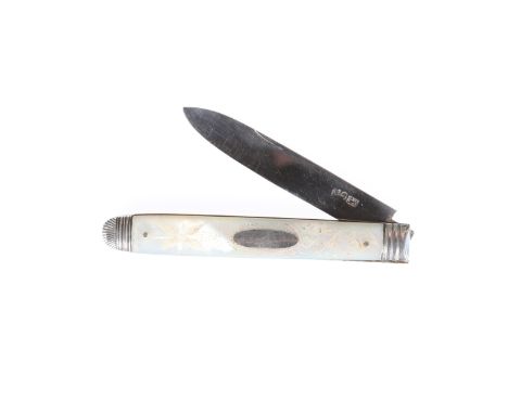 A GEORGE III SILVER AND MOTHER-OF-PEARL FRUIT KNIFE, Sheffield 1815, the handle engraved with foliage and a sheaf of arrows. 