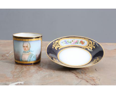 A SEVRES PORCELAIN CABINET CUP AND SAUCER, 1844, the cup painted with a portrait vignette of a lady against a gilt-highlighte