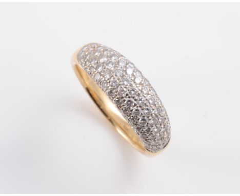 AN 18CT YELLOW GOLD AND DIAMOND RING, the bombe style mount set throughout with graduating brilliant cut diamond highlights, 