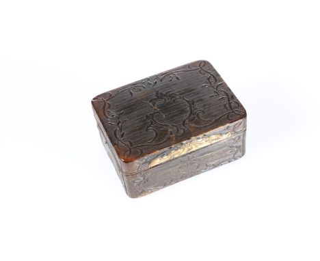 AN 18TH CENTURY GILT-METAL MOUNTED PRESSED TORTOISESHELL SNUFF BOX, probably French, of rectangular form, foliate decoration,
