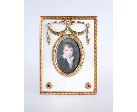 A GEM-SET YELLOW METAL FRAMED MINIATURE BEARING SPURIOUS RUSSIAN HALLMARKS INCLUDING FABERGE, with "56" gold mark and workmas
