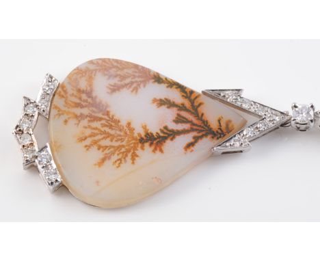 An 18CT WHITE GOLD, DENDRITIC AGATE AND DIAMOND PENDANT, the pear shaped dendritic agate set simply with delicate diamond set