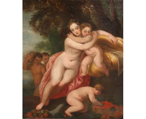AFTER AN OLD MASTER, VENUS AND PUTTI, oil on canvas, framed. 59.5cm by 49.5cm