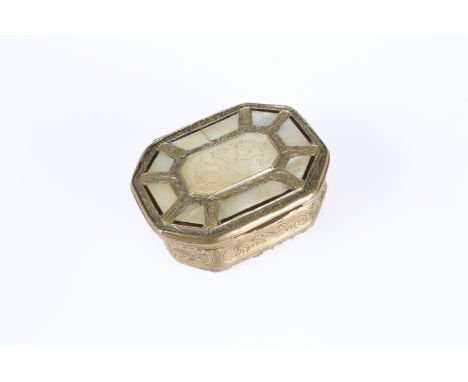 AN 18TH CENTURY MOTHER-OF-PEARL AND GILT-METAL SNUFF BOX, rectangular canted form with hinged cover, the cover with a central