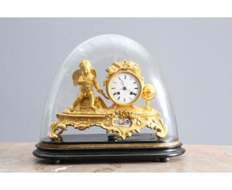 A 19TH CENTURY FRENCH GILT-METAL MANTEL CLOCK, the white enamel dial with Roman numerals and signed Hry Marc/A Paris, the two