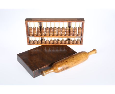 A GROUP OF 19th CENTURY TREEN comprising: an abacus of characteristic form; an elm box, of plain rectangular form with lift-o