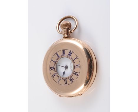 AN EARLY 20TH CENTURY GOLD PLATED HALF HUNTER POCKET WATCH, with Dennison Moon case, movement no. 619201, the white enamel di