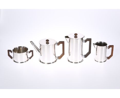 A VINTAGE ENGLISH WHITE METAL FOUR PIECE TEA AND COFFEE SERVICE IN THE ART DECO TASTE, each piece of cylindrical form, with b